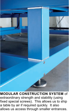 MODULAR CONSTRUCTION SYSTEM of extraordinary strength and stability (using fixed special screws).  This allows us to ship a table by air if required quickly.  It also allows us access through smaller entrances.